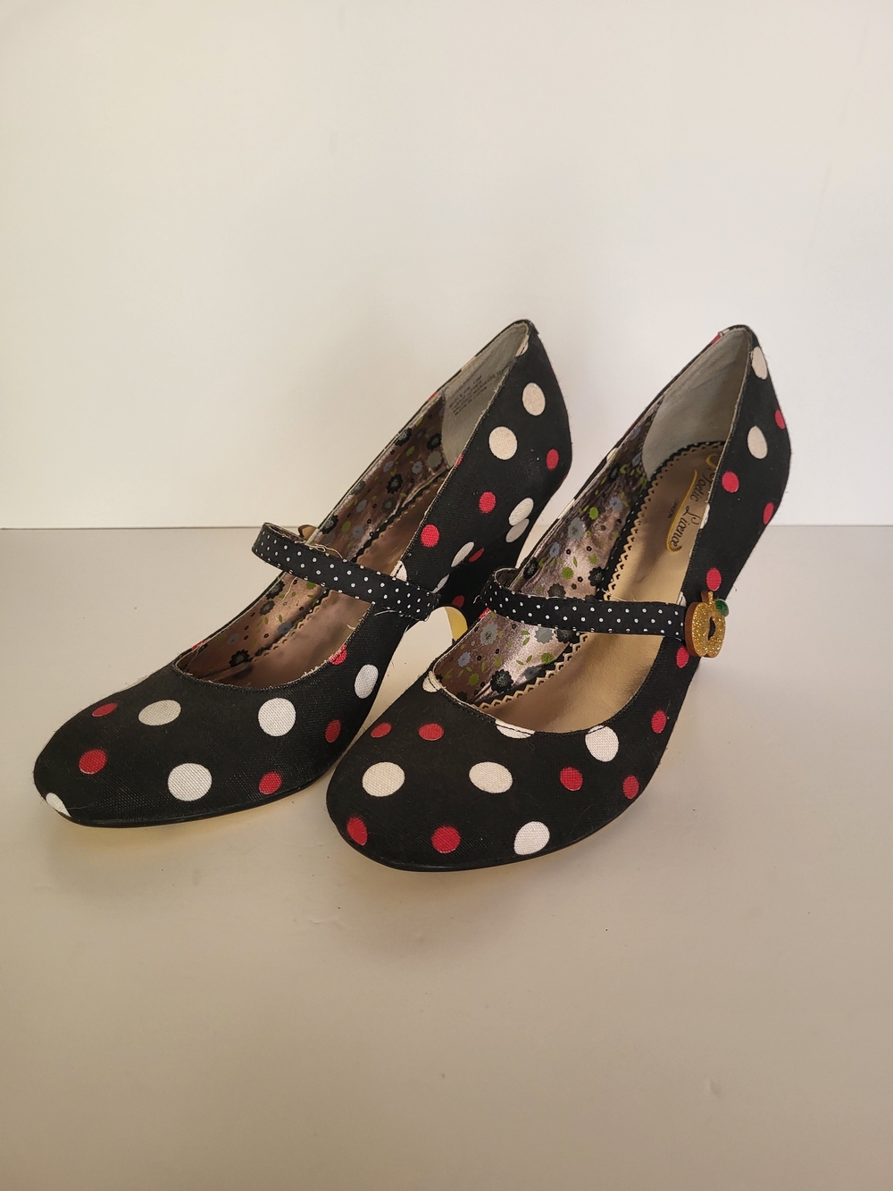 Poetic License Black Polka Dot Mary Jane Heels with Red & White Dots